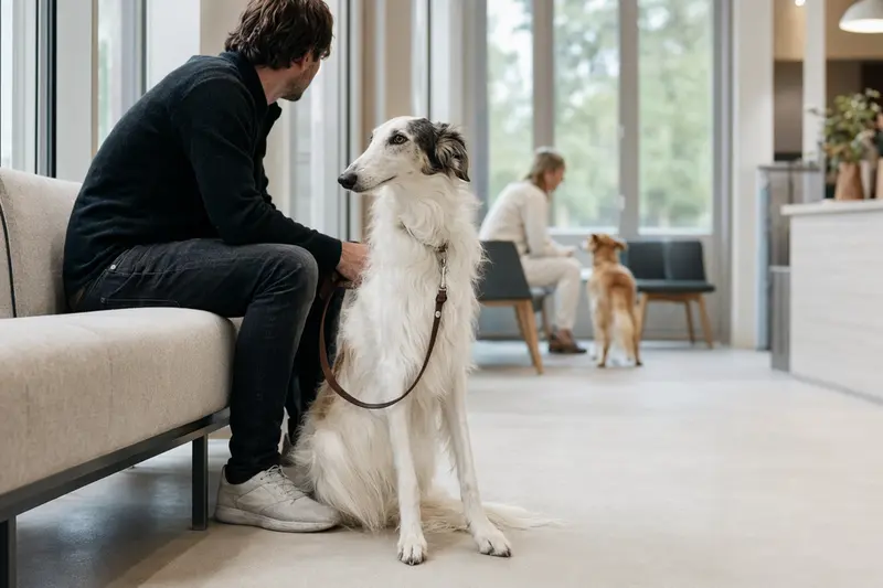 Ein Barsoi Hund sitzt entspannt neben seinem Besitzer im hellen Wartezimmer einer modernen Tierarztpraxis.